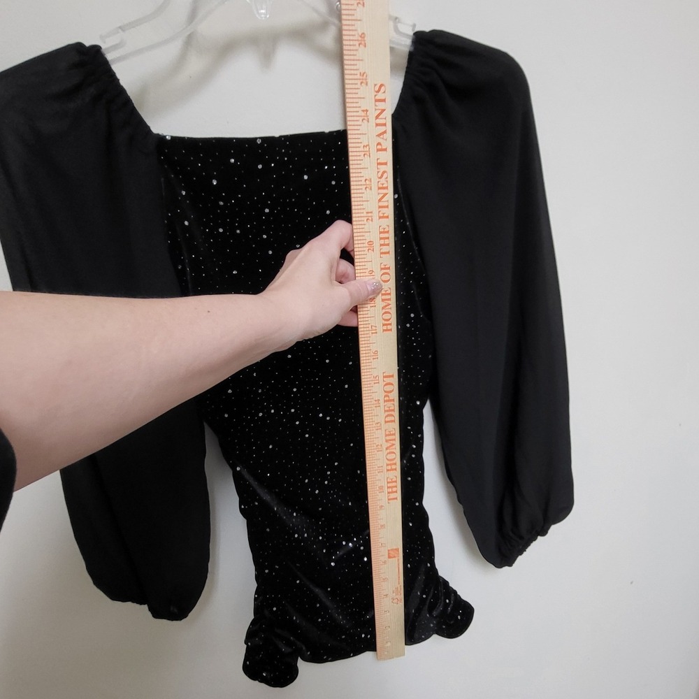 With Jules XL Black Velvet Glitter Starburst Sheer Puff Sleeve Dress Ruched Side - Picture 8 of 9